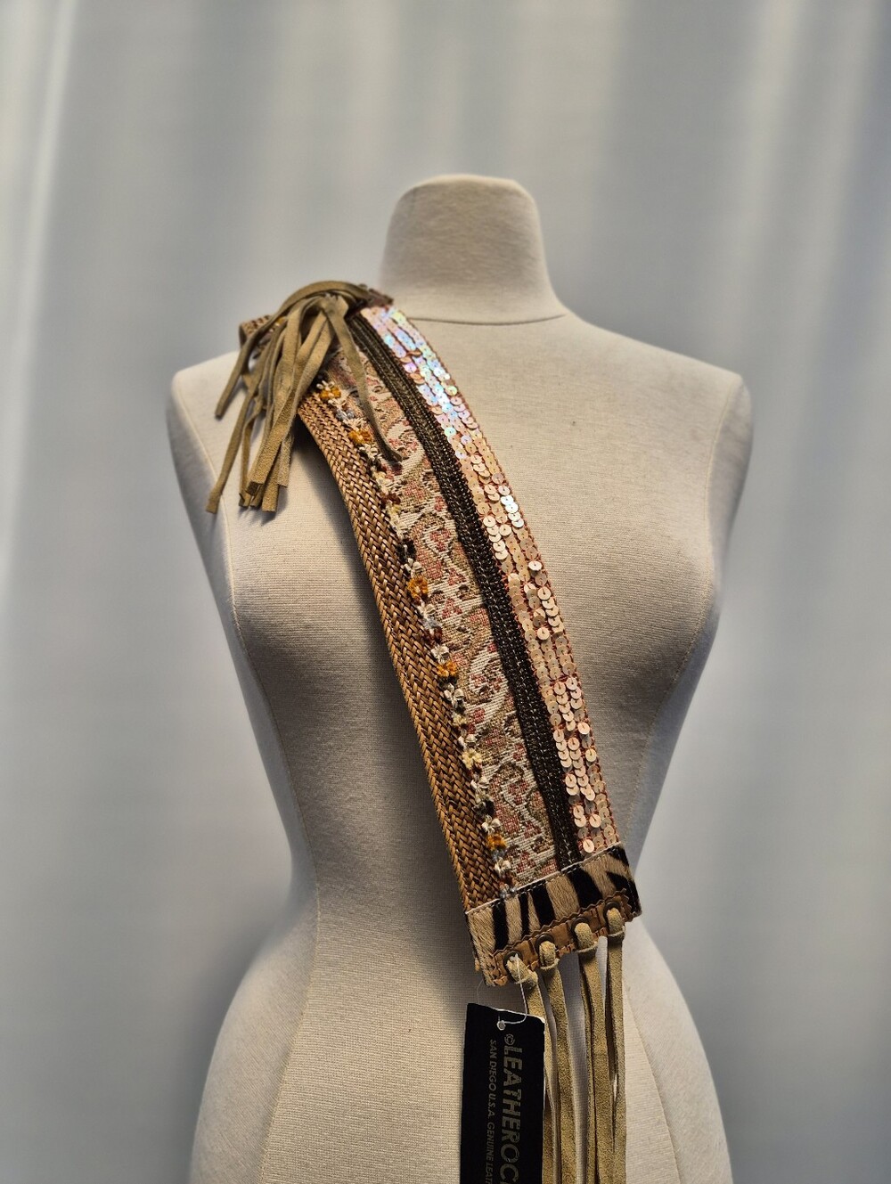 Leatherock Tapestry Sequin Suede Tie Obi Belt Taupe Boho Luxe Corset Wide Waist